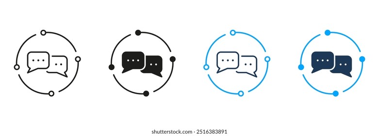 Burbuja de discurso en línea de círculo y conjunto de iconos de silueta. Pictograma de globo de chat. Comunicación, Diálogo, Conversación, Símbolo de conversación. Trazo Editable. Ilustración vectorial aislada.