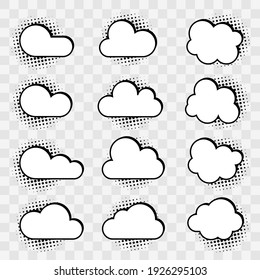 Speech bubble cloud in cartoon style with halftone shadow on transparent background. Vector illustration.