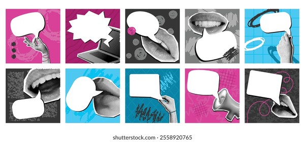 Speech bubble collage. Retro pop art quote frames, scrapbooking cut lips, hands, laptop and megaphone with comics dialogue box. Social media post templates with halftone effect vector set.