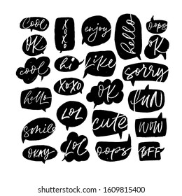 Speech bubble collection with short slang youth words. Vector hand drawn modern brush pen calligraphy. Like, xoxo, fun, hello, WOW, LOL, Ok, sorry, cute, hi, hello, smile, oops, enjoy, okay, BFF, cool