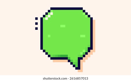 Speech bubble with color green background drawn in 8 bit pixel art style.
