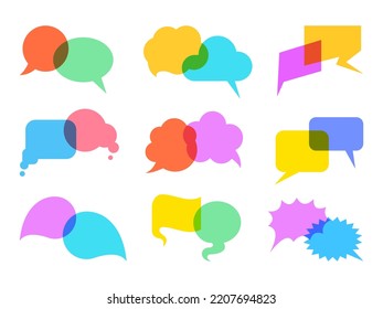 Juego de diálogo de chat de dibujos animados coloridos de burbuja de discursos. Símbolo de discusión de charla en globo. Nube en blanco para el texto. Signo creativo de conversación de ideas de mensajes. La respuesta brillante es pensar en la decoración. Marco de cómic de palabras habladas