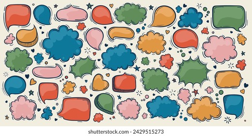 Speech Bubble colorful icon set. Talk bubble. Cloud speech bubbles collection. Vector isolated on transparent background. Outline vintage design, pop art trendy style chat symbol