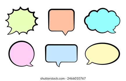 Speech bubble colorful pastel blank balloon set. Different geometric shape, cartoon element for chat, message box, talk, dialog, speak, comic retro empty thought banner isolated on white background