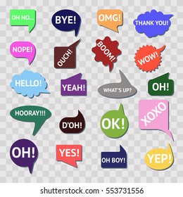 Speech bubble colorful set isolated on transparent background. Most common used words and phrases for Internet communication. Flat vector stock illustration