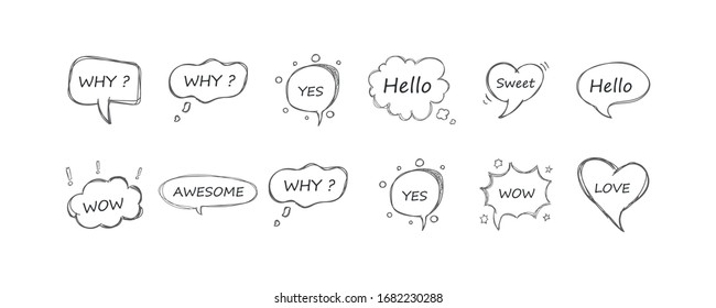 Speech bubble colorful set. Yes, Wow, Love, Why, Awesome, Hello, Sweet. Retro empty comic bubbles and elements with black halftone shadows. Hand drawn doodle. Vector illustration, EPS 10.