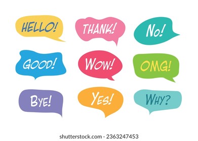 Speech bubble, Comic dialog callout, talk phrases clouds, set of colorful shapes icon with chat message, vector illustration.