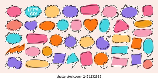 Speech bubble comic doodle chatting box set. Contour empty design elements dialog clouds message box. Speech thought blobs comics book, balloon banner for speak text. Line vector illustration isolated