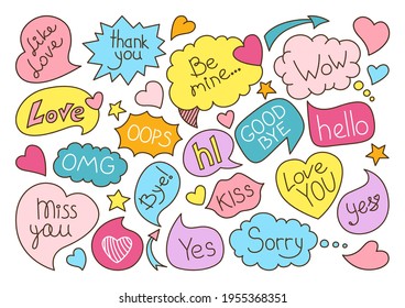 Speech bubble comic doodle set. Pop art design elements dialog clouds with text, sketch love banner. Speech thought blobs icon comics book. Hand drawn cartoon vector illustration. Blank apps, website