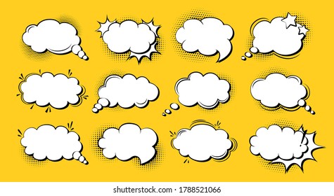 Speech bubble comic pop art cartoon set, template explosion cloud. Retro 80s-90s empty design elements halftone dot background. Speech thought blobs comics vintage banner. Vector illustration Isolated