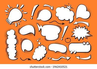 Juego de arte pop de historietas de burbujas de voz. Elementos de diseño retro vacíos, nubes de diálogo con fondo de punto medio, banner de idea. El pensamiento del habla borra el libro de historietas. Ilustración vectorial de los años 80-90 Aislada