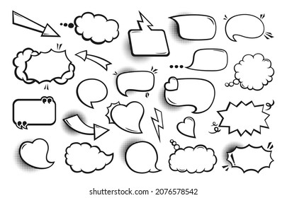 Speech bubble comic pop art set. Retro black and white empty design elements dialog clouds, halftone dot background. Speech thought blobs comics book, vintage banner. Cartoon 80s-90s Vector