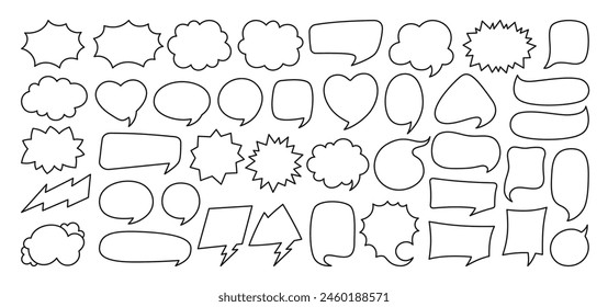 Speech bubble comic sign chatting box set. Contour empty design elements dialog clouds message box. Speech thought blobs comics book, balloon banner for speak text. Line vector illustration isolated