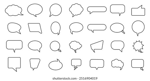 Conjunto de caixas de bate-papo de sinais cômicos de balão de fala. Caixa de mensagem de nuvens de diálogo de elementos de design vazios do contorno. O discurso pensou que o livro de quadrinhos é um balão de blobs, faixa para falar o texto. Ilustração de vetor de linha isolada