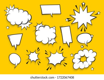 Speech bubble for comic text isolated on yellow background. Empty white outline.  Dialog empty cloud, cartoon box. Speech bubble tag.