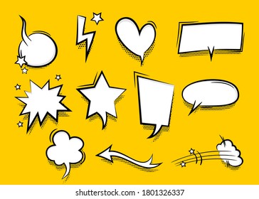 Speech Bubble For Comic Text Isolated On Yellow Background. Empty White Outline.  Dialog Empty Cloud, Cartoon Box. Speech Bubble Tag.