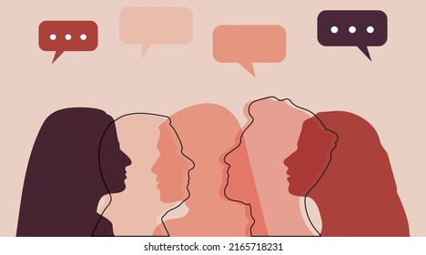 Speech bubble. Communication. Communicate on social networks. Racial equality. Silhouette heads faces to the side of group of international people talking. Crowd and Racial equality.