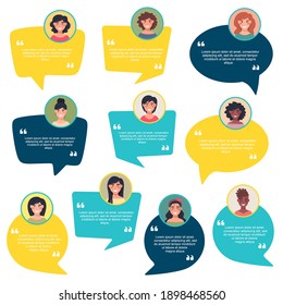 Speech bubble concept feedback, female avatar collection, customer feedback on info graphic, app and website. Creative testimonial template with different shapes. Vector illustration.