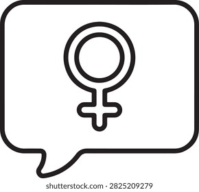 Speech bubble containing a female gender symbol minimalist line art vector icon representing women's rights and female communication.