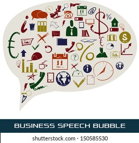 A speech bubble containing multicolored pictures related to business, marketing and data