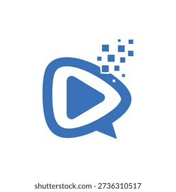 A speech bubble containing a play icon with pixel fragments, ideal for media and communication apps.