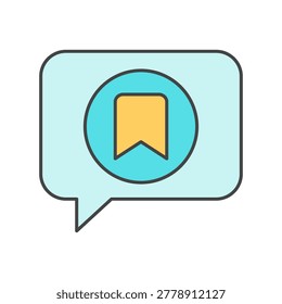 A speech bubble contains a circular badge with a bookmark symbol in the center, outlined in dark lines with blue and yellow fills on a light background.