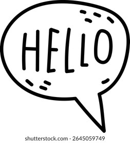 A speech bubble contains the word 'HELLO' in bold letters, drawn in a hand-drawn style. The bubble is outlined with dashed lines and has a playful appearance. Cartoon vector illustration.