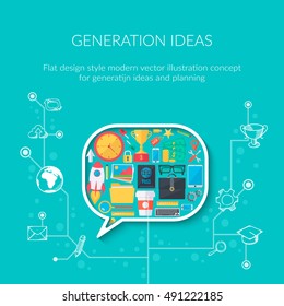 Speech bubble and content symbols. Idea generation process. Modern flat design template.