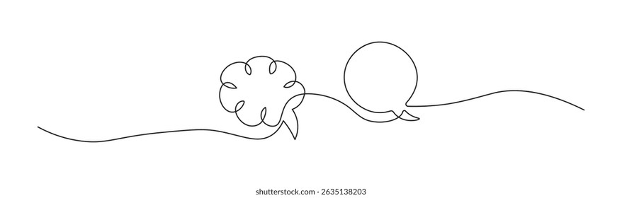 Speech bubble in continuous line art drawing style. Minimalist black linear sketch of Communication symbol isolated on white background. Dialog cloud, chat bubble template outline design. Vector