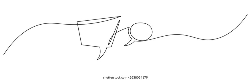 Speech bubble in continuous line art drawing style. Minimalist black linear sketch of Communication symbol isolated on white background. Dialog cloud, chat bubble template outline design. Vector