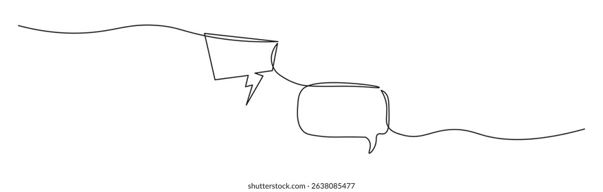 Speech bubble in continuous line art drawing style. Minimalist black linear sketch of Communication symbol isolated on white background. Dialog cloud, chat bubble template outline design. Vector