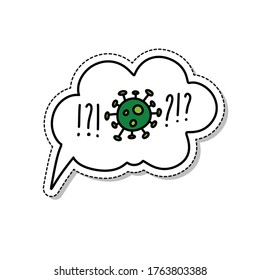burbuja de voz con icono de pegatina de doodle de coronavirus, ilustración vectorial