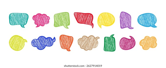 Speech bubble crayon, dialogue chalk, cloud charcoal, kid text box pastel, comic frame icon, talk balloon pencil, sketch colorful scribble, chat doodle set pen texture on white bg. Vector illustration