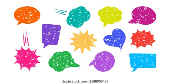 Speech bubble crayon drawn, dialogue cloud chalk, colorful talk balloon, cartoon text box, comic message grunge texture, sketch pencil discussion chat, pastel stroke, doodle set. Vector illustration