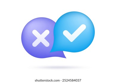 Speech bubble with cross and check mark. Survey reaction icon. 3d button and yes or no check mark icons. Dos and donts. Vector illustration