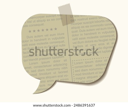 Speech bubble cut out of a piece of newspaper. Blank sheet with adhesive tape. Templates for note message. Vector illustration. Isolated on white background. Front view