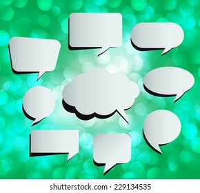 speech bubble cut paper design template. Vector illustration for your business presentation. green Defocused Light, Flickering Lights, Vector abstract festive background with bokeh defocused lights. 