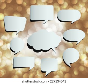 speech bubble cut paper design template. Vector illustration for your business presentation. Brown Defocused Light, Flickering Lights, Vector abstract festive background with bokeh defocused lights. 