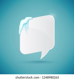 Speech bubble decorated with realistic snow and icicles. Design template for merry christmas. Vector illustration.