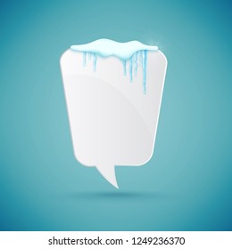 Speech bubble decorated with realistic snow and icicles. Design template for merry christmas. Vector illustration.