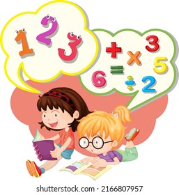 Speech bubble design with two girls reading illustration