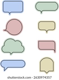 Speech bubble designs in various shapes and colors. The shapes include rectangular, oval, circular, cloud-like, and shield-like forms, each outlined in black and filled with pastel colors.