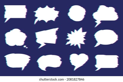 Speech bubble dialog banner chat glitch effect set. Abstract dynamic sticker futuristic comic dialog cloud user process idea. Label empty social web info icon comment discussion isolated on white