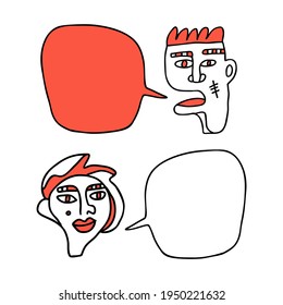 Speech bubble dialog between two people. Copy space to add your own text. This is a hand drawn communication concept.