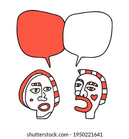 Speech bubble dialog between two people. Copy space to add your own text. This is a hand drawn communication concept.