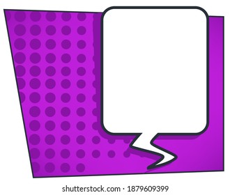 Burbuja de voz o cuadro de diálogo, estilo de libro de historietas. Comunicación y conversación, banner en blanco con espacio de copia para texto. Pensando y hablando, mensaje globo o nube sobre morado. Vector en plano