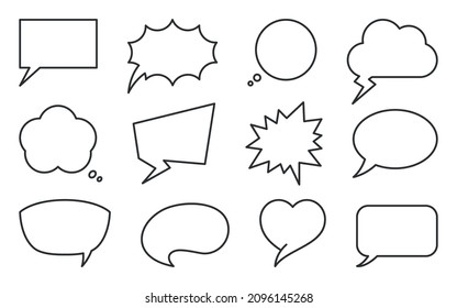 Speech bubble dialogue thought chat black line set. Sticker cartoon doodle comic dialog balloon post user process speak idea. Label shape banner meditation icon comment discussion isolated on white