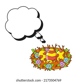 Speech bubble of different shape. With a cute cartoon character. Hand drawn. Easter theme. Thinking balloons. Vector illustration isolated on white background. doodle style.