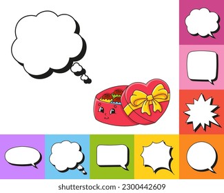 Speech bubble of different shape. With a cute cartoon character. Hand drawn. Thinking balloons. Isolated on white background. Vector illustration.