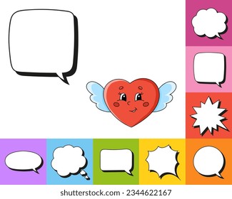 Speech bubble of different shape. With a cute cartoon character. Hand drawn. Thinking balloons. Isolated on white background. Vector illustration.